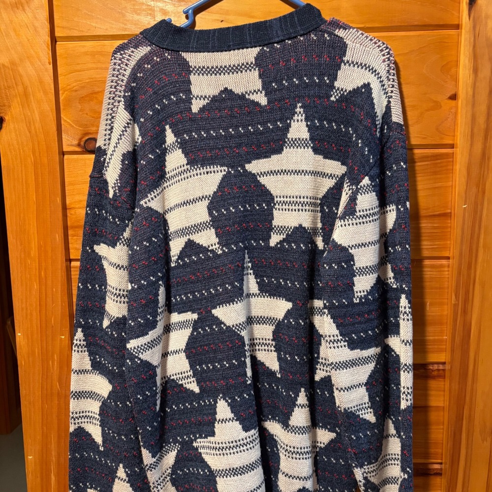 Green 3 Mens XL Star Print Knit Cardigan Sweater Blue White Red Made in USA - Picture 4 of 4